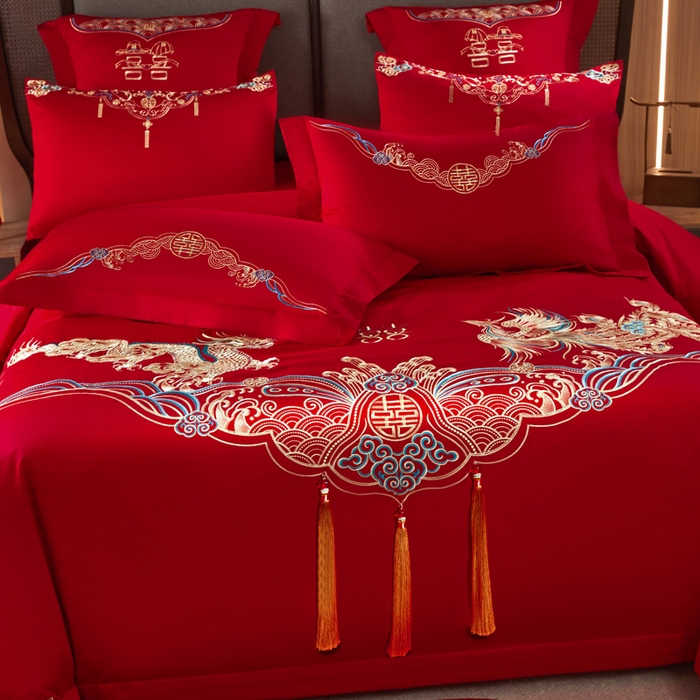 91家纺网 家纺一手货源 找家纺 润锦云 2026新款150克高克重中式婚庆款高支高密重工刺绣四件套 龙凤情缘--金色