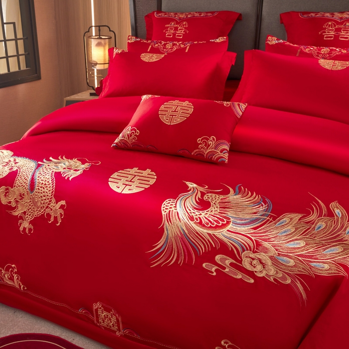 91家纺网 家纺一手货源 找家纺 润锦云 2026新款150克高克重中式婚庆款高支高密重工刺绣四件套 祥龙喜凤--金