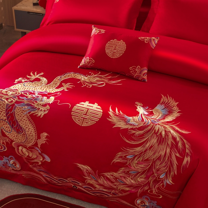 91家纺网 家纺一手货源 找家纺 润锦云 2026新款150克高克重中式婚庆款高支高密重工刺绣四件套 金龙玉凤-- 金