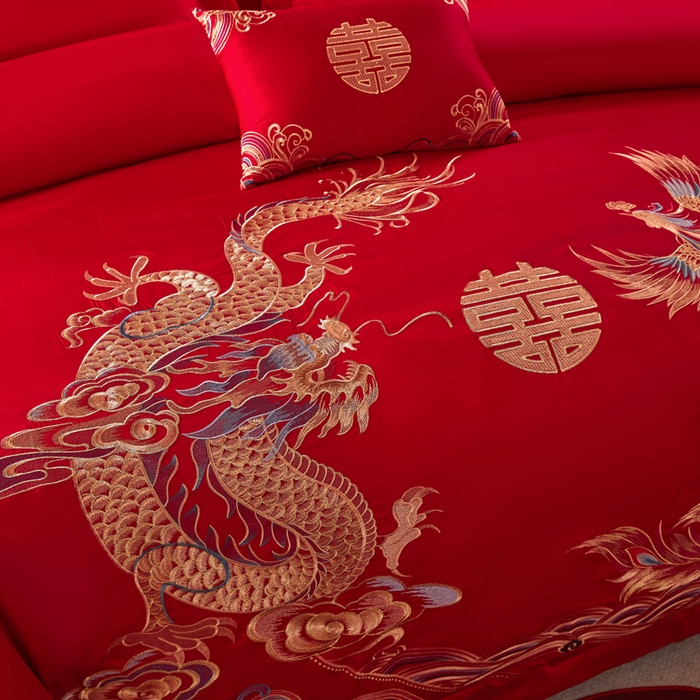 91家纺网 家纺一手货源 找家纺 润锦云 2026新款150克高克重中式婚庆款高支高密重工刺绣四件套 金龙玉凤-- 金