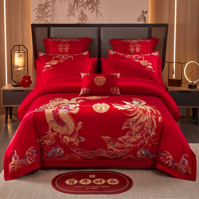 91家纺网 家纺一手货源 找家纺 润锦云 2026新款150克高克重中式婚庆款高支高密重工刺绣四件套 金龙玉凤-- 金