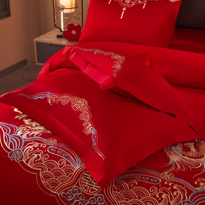 91家纺网 家纺一手货源 找家纺 润锦云 2026新款150克高克重中式婚庆款高支高密重工刺绣四件套 龙凤情缘--金色