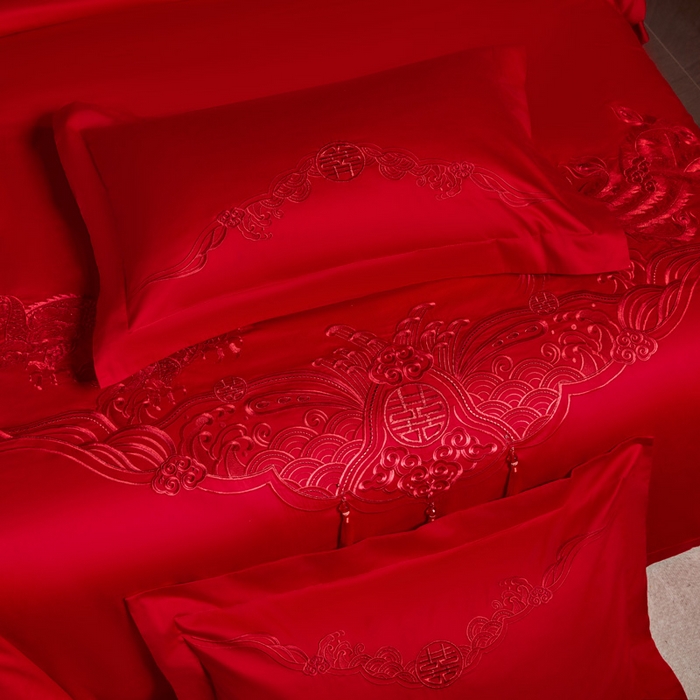 91家纺网 家纺一手货源 找家纺 润锦云 2026新款150克高克重中式婚庆款高支高密重工刺绣四件套 龙凤情缘--红色