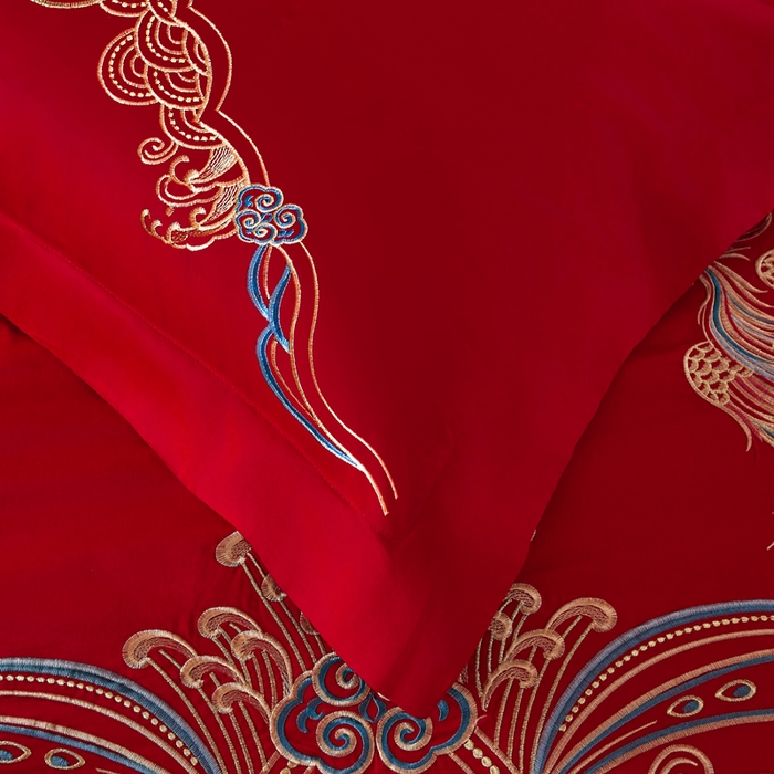 91家纺网 家纺一手货源 找家纺 润锦云 2026新款150克高克重中式婚庆款高支高密重工刺绣四件套 龙凤情缘--金色