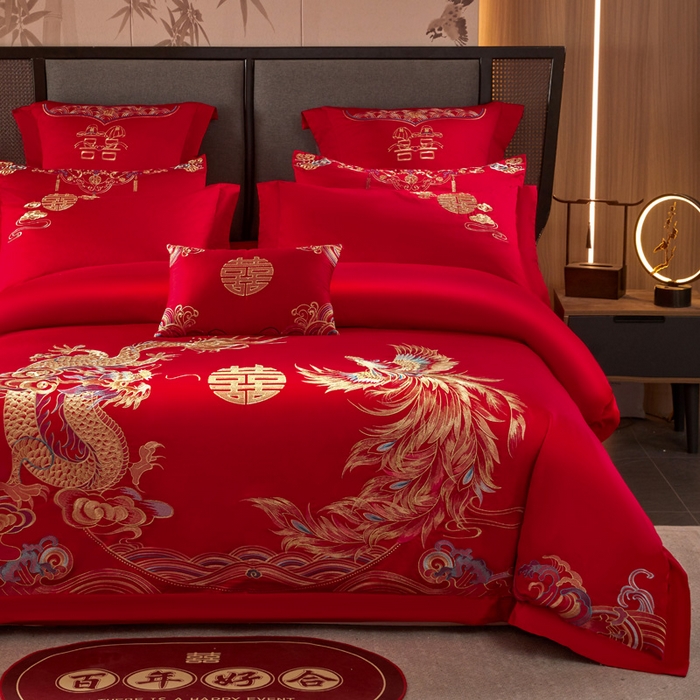 91家纺网 家纺一手货源 找家纺 润锦云 2026新款150克高克重中式婚庆款高支高密重工刺绣四件套 金龙玉凤-- 金