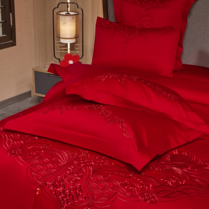 91家纺网 家纺一手货源 找家纺 润锦云 2026新款150克高克重中式婚庆款高支高密重工刺绣四件套 龙凤情缘--红色