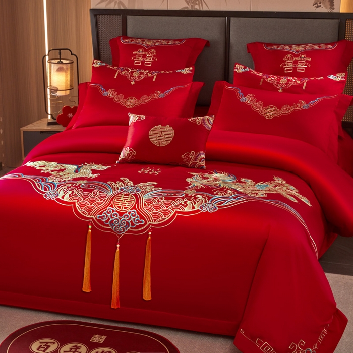 91家纺网 家纺一手货源 找家纺 润锦云 2026新款150克高克重中式婚庆款高支高密重工刺绣四件套 龙凤情缘--金色