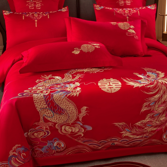 91家纺网 家纺一手货源 找家纺 润锦云 2026新款150克高克重中式婚庆款高支高密重工刺绣四件套 金龙玉凤-- 金