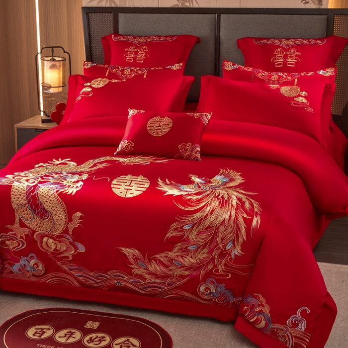 91家纺网 家纺一手货源 找家纺 润锦云 2026新款150克高克重中式婚庆款高支高密重工刺绣四件套 金龙玉凤-- 金