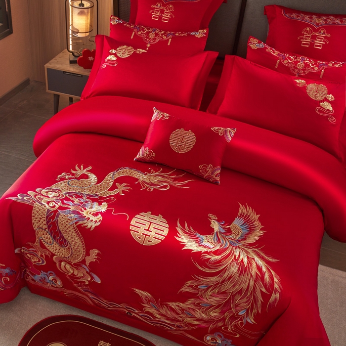 91家纺网 家纺一手货源 找家纺 润锦云 2026新款150克高克重中式婚庆款高支高密重工刺绣四件套 金龙玉凤-- 金