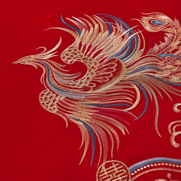 91家纺网 家纺一手货源 找家纺 润锦云 2026新款150克高克重中式婚庆款高支高密重工刺绣四件套 龙凤情缘--金色