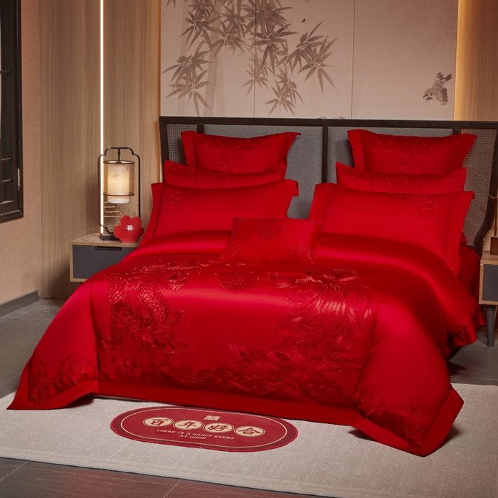 91家纺网 家纺一手货源 找家纺 润锦云 2026新款150克高克重中式婚庆款高支高密重工刺绣四件套 金龙玉凤-- 红