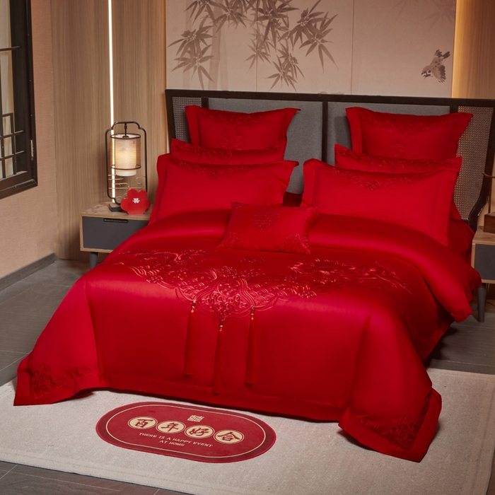 91家纺网 家纺一手货源 找家纺 润锦云 2026新款150克高克重中式婚庆款高支高密重工刺绣四件套 龙凤情缘--红色
