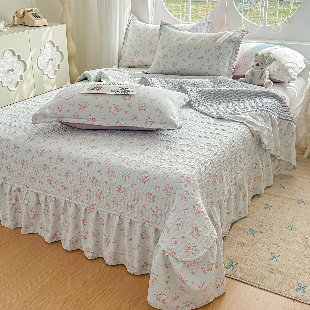 91家纺网 家纺一手货源 找家纺 花满路 2026新款床盖四件套 薄荷花