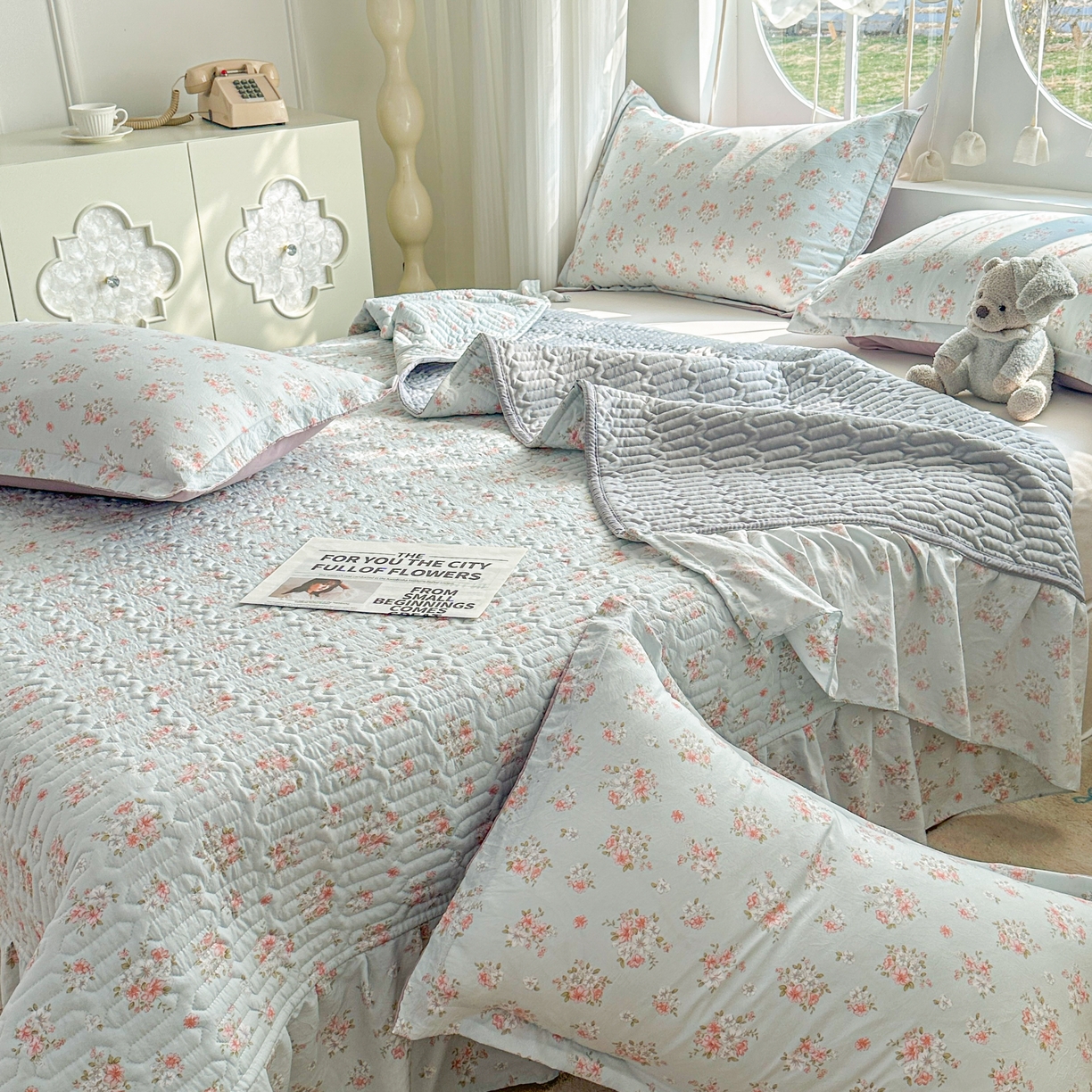 91家纺网 家纺一手货源 找家纺 花满路 2026新款床盖四件套 薄荷花