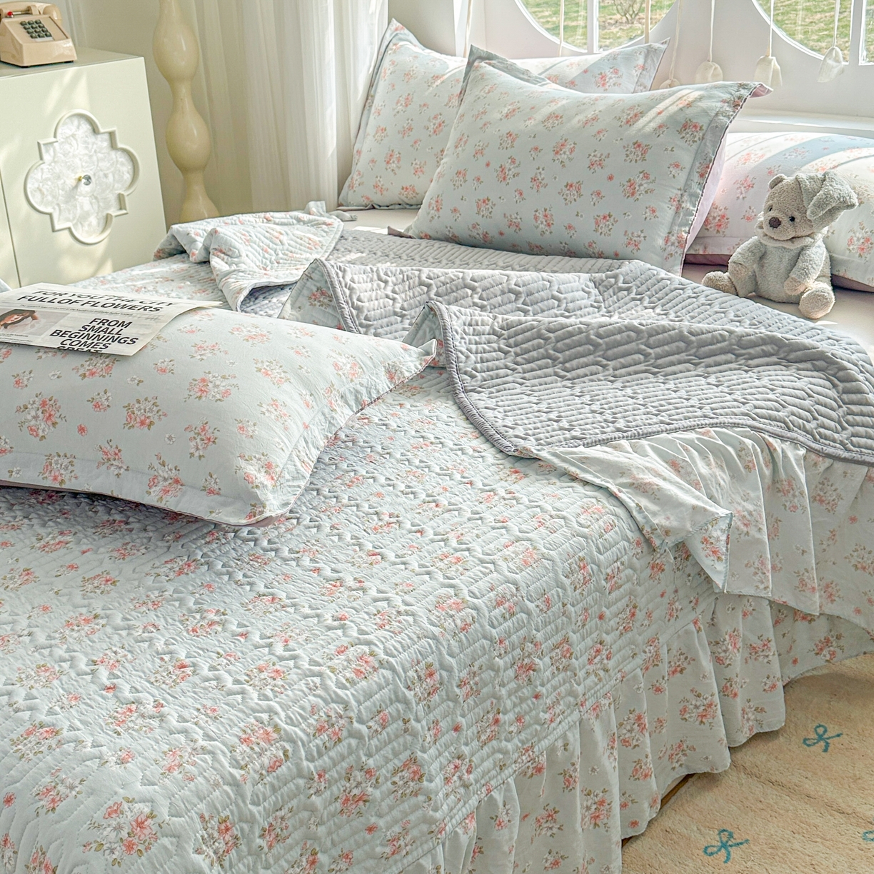 91家纺网 家纺一手货源 找家纺 花满路 2026新款床盖四件套 薄荷花