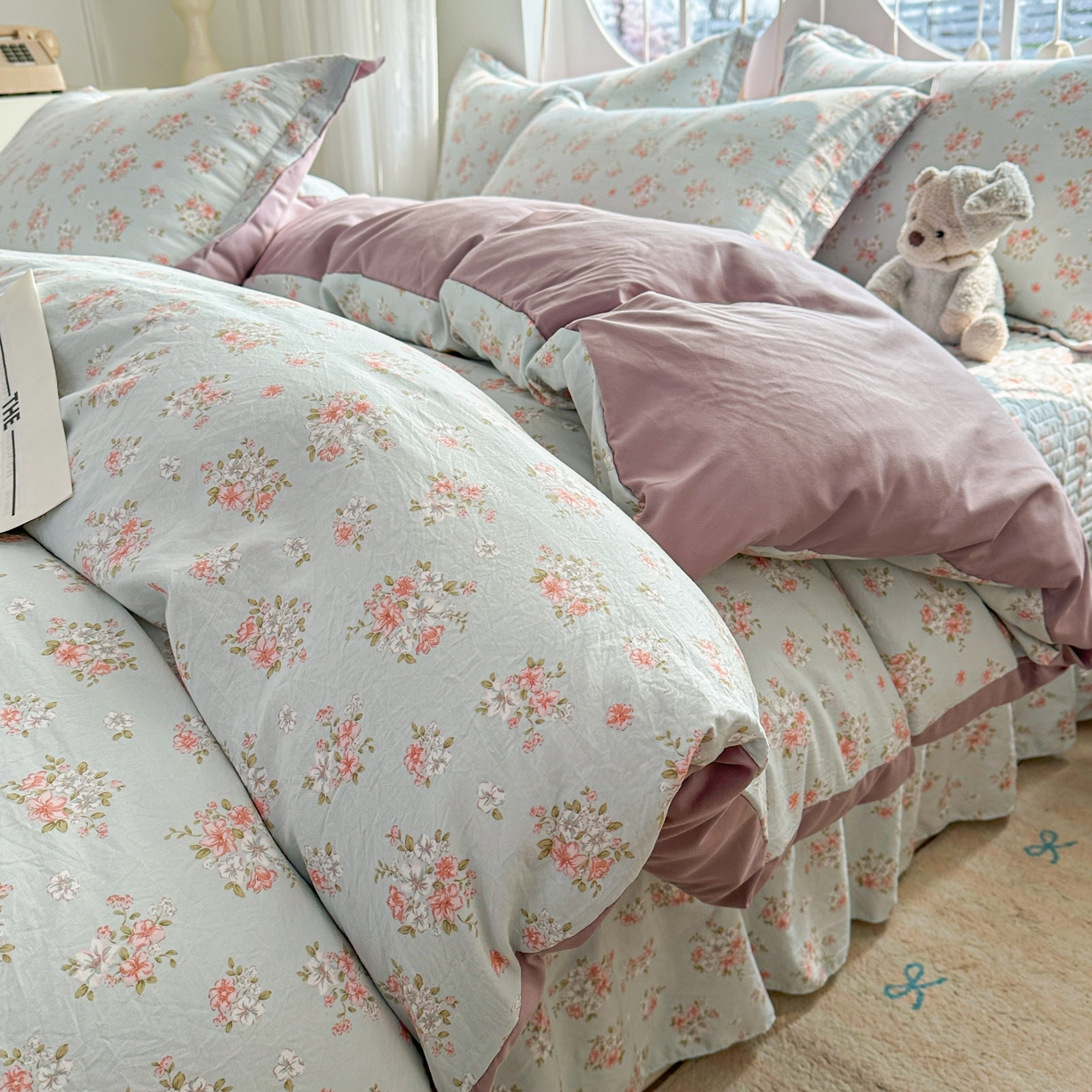 91家纺网 家纺一手货源 找家纺 花满路 2026新款床盖四件套 薄荷花