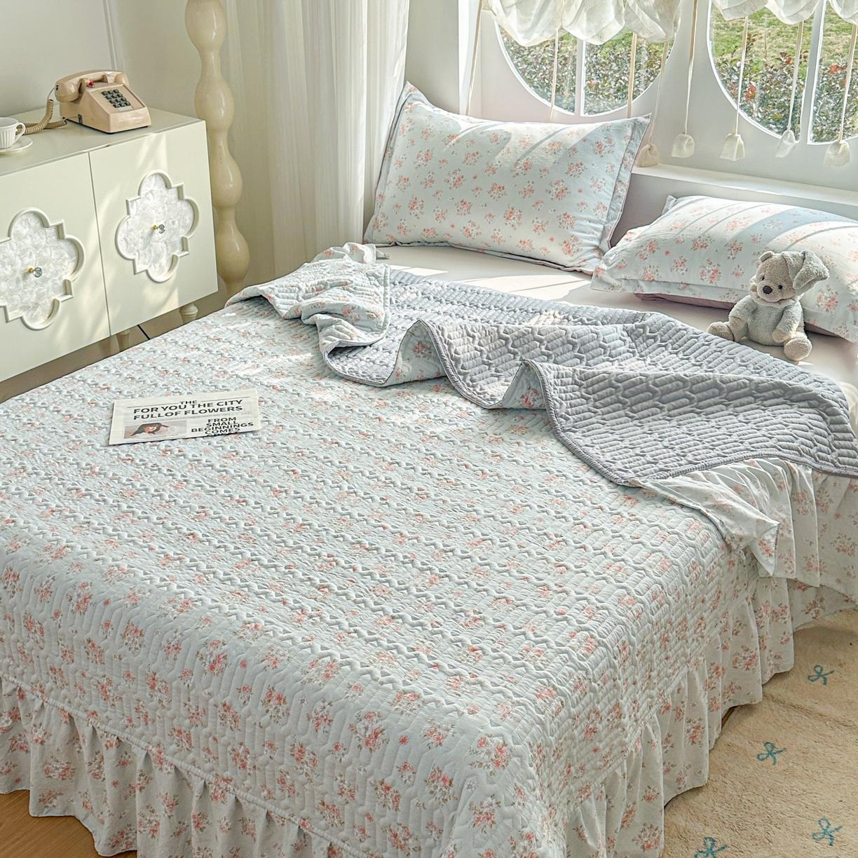 91家纺网 家纺一手货源 找家纺 花满路 2026新款床盖四件套 薄荷花