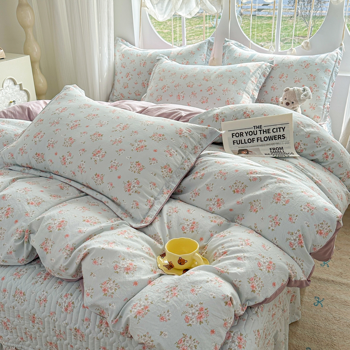 91家纺网 家纺一手货源 找家纺 花满路 2026新款床盖四件套 薄荷花