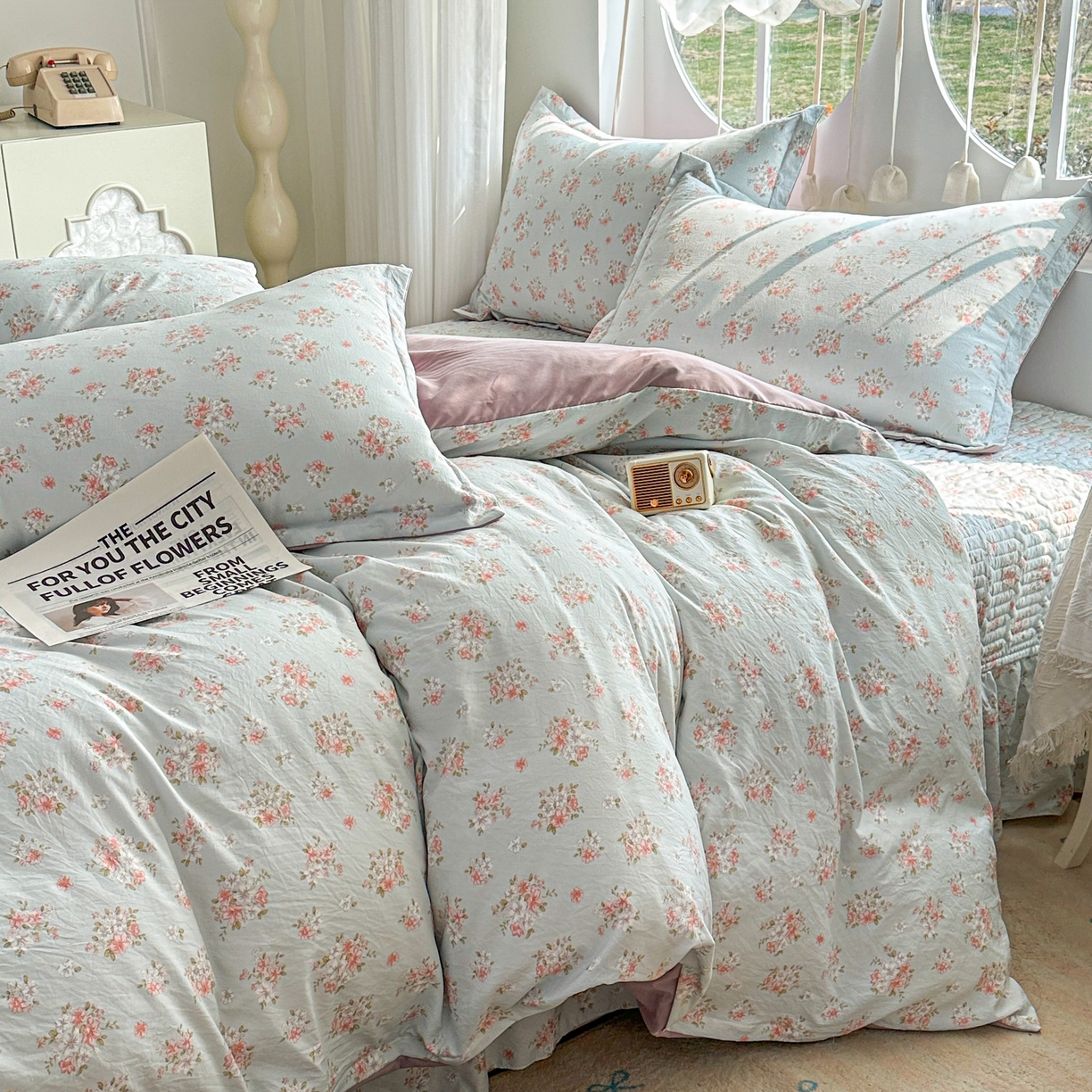 91家纺网 家纺一手货源 找家纺 花满路 2026新款床盖四件套 薄荷花