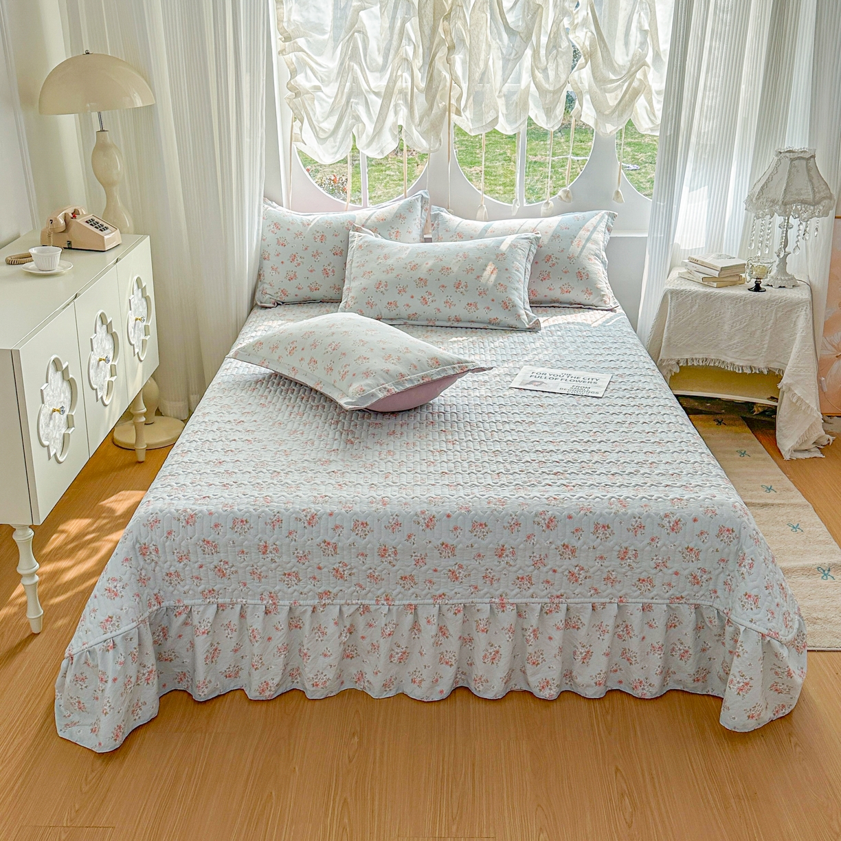 91家纺网 家纺一手货源 找家纺 花满路 2026新款床盖四件套 薄荷花