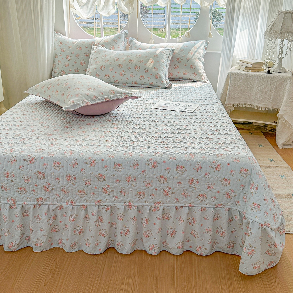 91家纺网 家纺一手货源 找家纺 花满路 2026新款床盖四件套 薄荷花