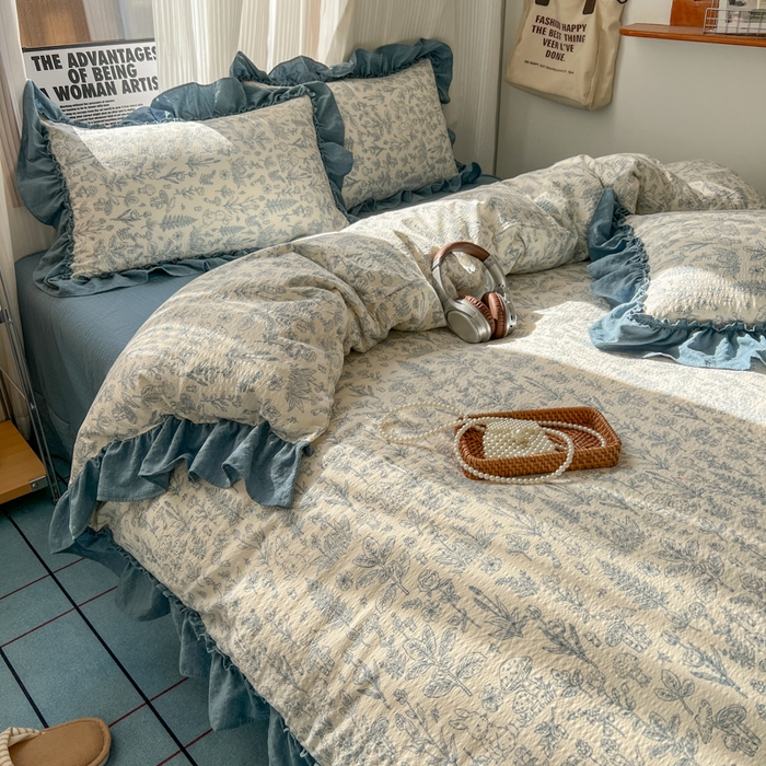 91家纺网 家纺一手货源 找家纺 2026新款泡芙纱花边四件套 人间草木