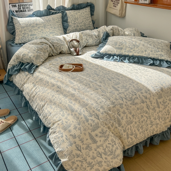 91家纺网 家纺一手货源 找家纺 2026新款泡芙纱花边四件套 人间草木