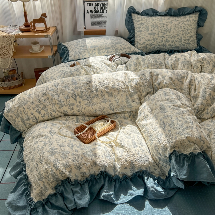 91家纺网 家纺一手货源 找家纺 2026新款泡芙纱花边四件套 人间草木