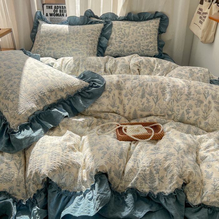 91家纺网 家纺一手货源 找家纺 2026新款泡芙纱花边四件套 人间草木