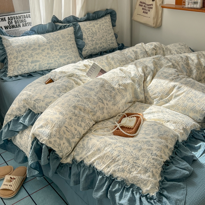 91家纺网 家纺一手货源 找家纺 2026新款泡芙纱花边四件套 人间草木