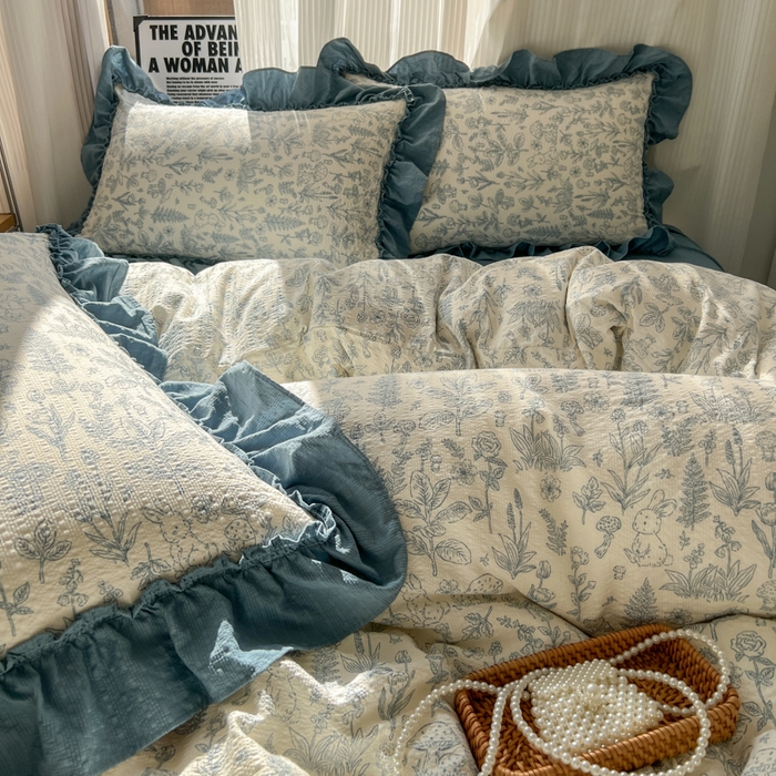 91家纺网 家纺一手货源 找家纺 2026新款泡芙纱花边四件套 人间草木