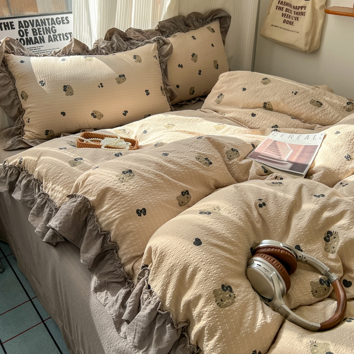 91家纺网 家纺一手货源 找家纺 2026新款泡芙纱花边四件套 咖啡小猫