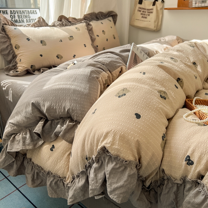 2026新款泡芙纱花边四件套 咖啡小猫