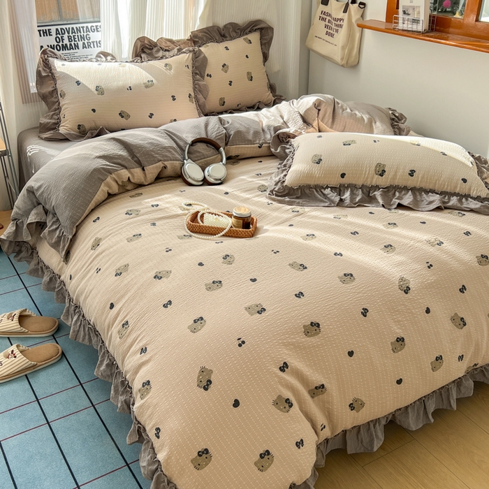 91家纺网 家纺一手货源 找家纺 2026新款泡芙纱花边四件套 咖啡小猫