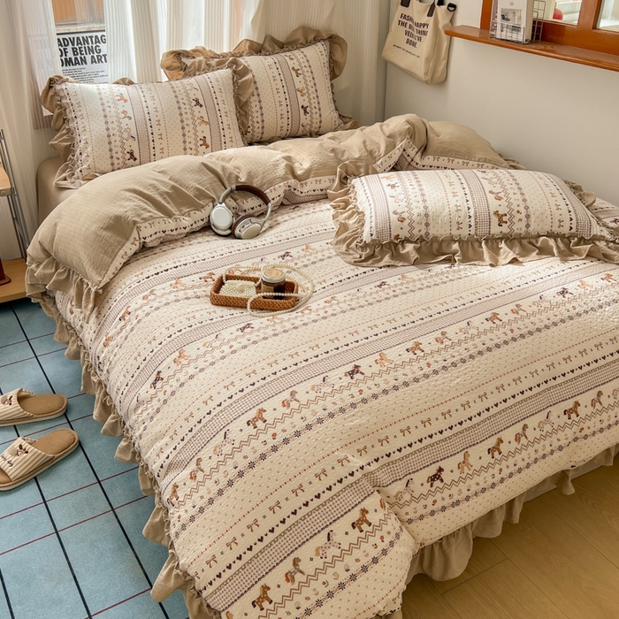 91家纺网 家纺一手货源 找家纺 2026新款泡芙纱花边四件套 摇摇马