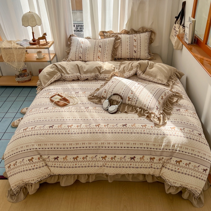 91家纺网 家纺一手货源 找家纺 2026新款泡芙纱花边四件套 摇摇马