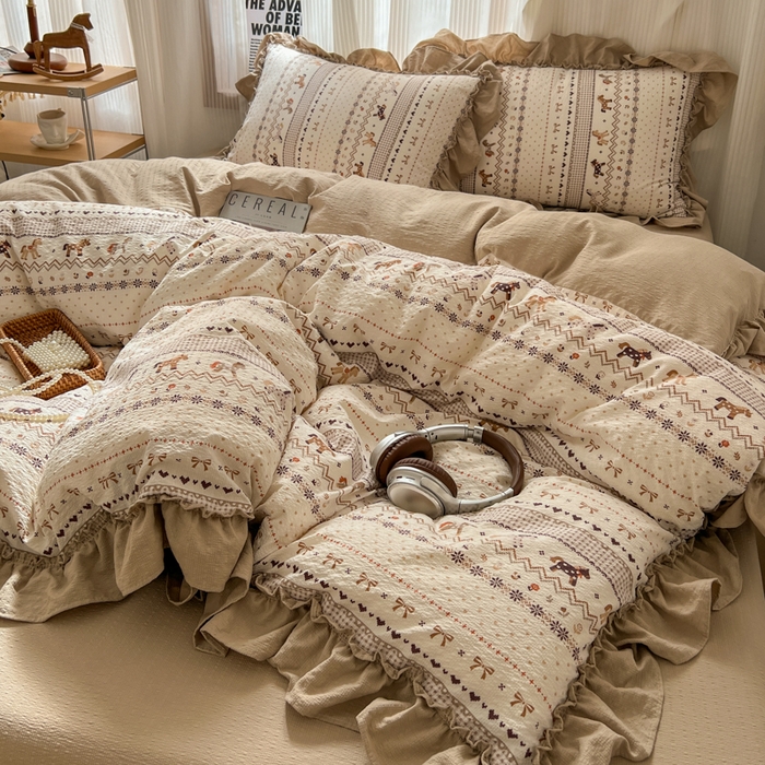 91家纺网 家纺一手货源 找家纺 2026新款泡芙纱花边四件套 摇摇马