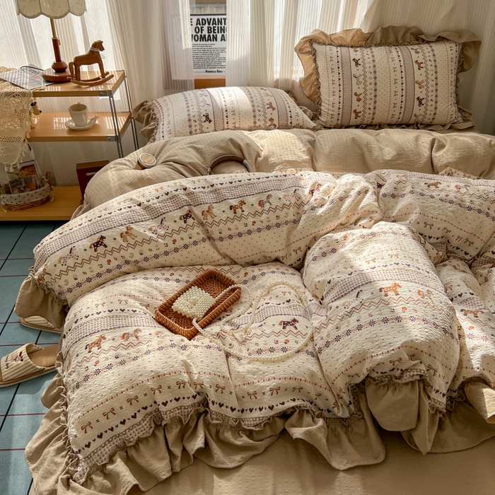 91家纺网 家纺一手货源 找家纺 2026新款泡芙纱花边四件套 摇摇马