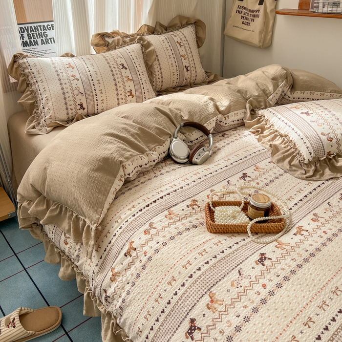 91家纺网 家纺一手货源 找家纺 2026新款泡芙纱花边四件套 摇摇马