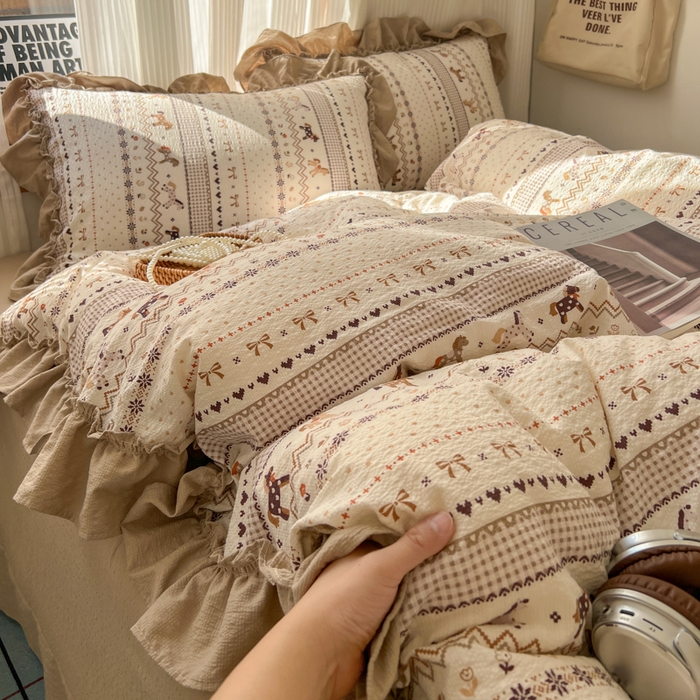 91家纺网 家纺一手货源 找家纺 2026新款泡芙纱花边四件套 摇摇马