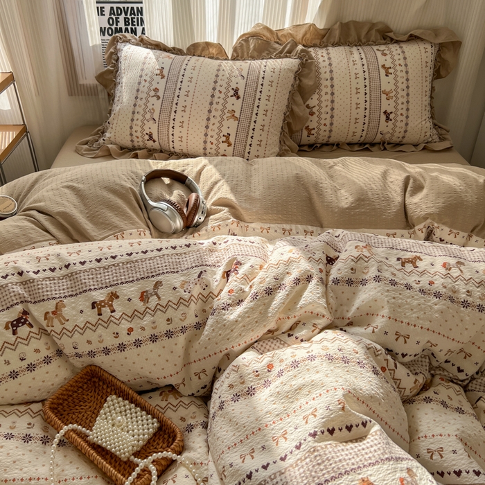 91家纺网 家纺一手货源 找家纺 2026新款泡芙纱花边四件套 摇摇马