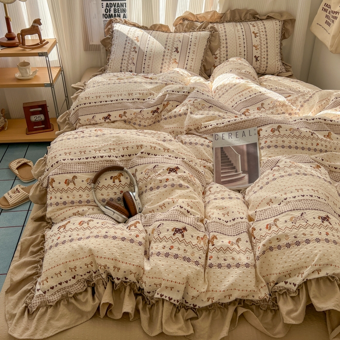 91家纺网 家纺一手货源 找家纺 2026新款泡芙纱花边四件套 摇摇马