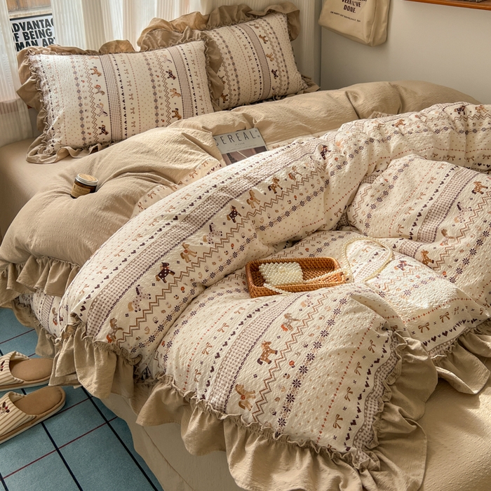 91家纺网 家纺一手货源 找家纺 2026新款泡芙纱花边四件套 摇摇马