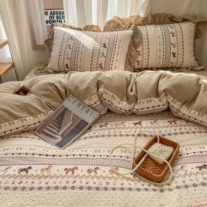 91家纺网 家纺一手货源 找家纺 2026新款泡芙纱花边四件套 摇摇马