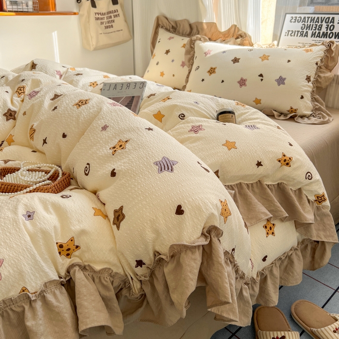 91家纺网 家纺一手货源 找家纺 2026新款泡芙纱花边四件套 星愿