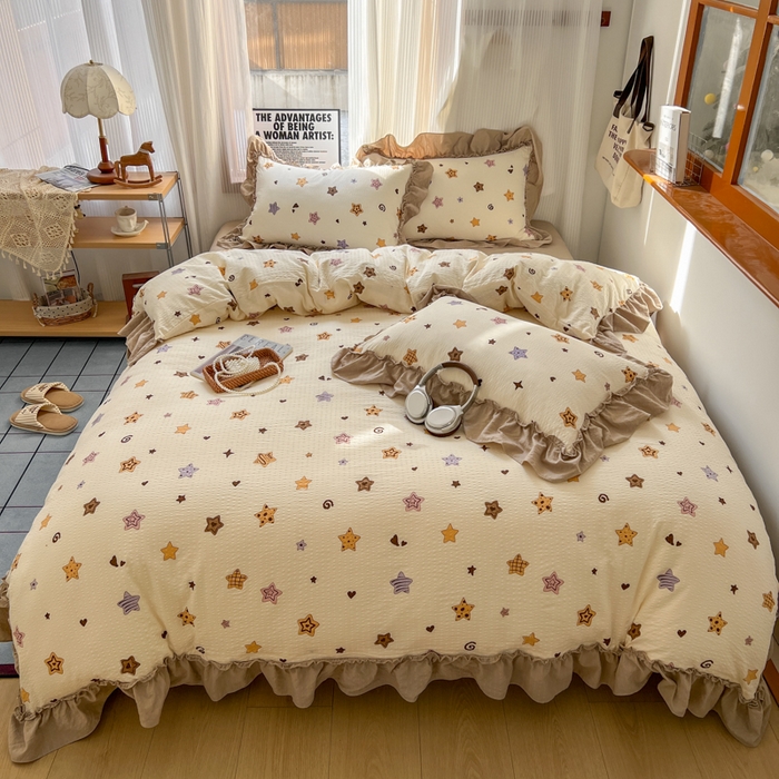 91家纺网 家纺一手货源 找家纺 2026新款泡芙纱花边四件套 星愿