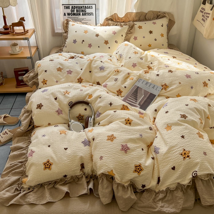 91家纺网 家纺一手货源 找家纺 2026新款泡芙纱花边四件套 星愿