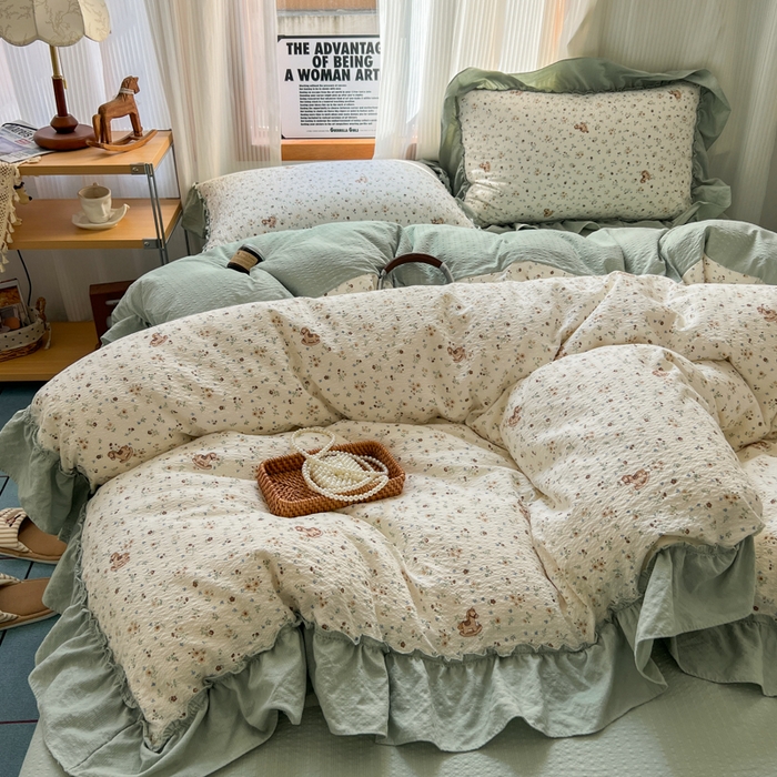 91家纺网 家纺一手货源 找家纺 2026新款泡芙纱花边四件套 春和