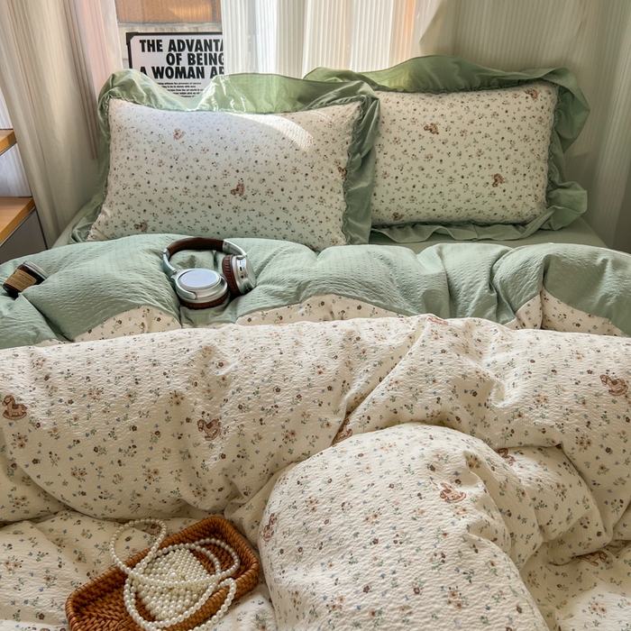 91家纺网 家纺一手货源 找家纺 2026新款泡芙纱花边四件套 春和